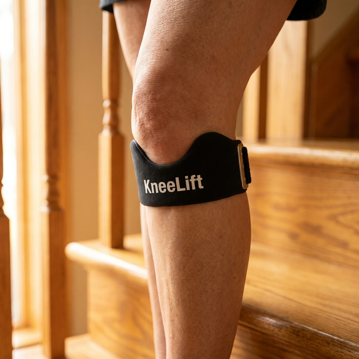 KneeLift strap worn just below the kneecap on the stairs