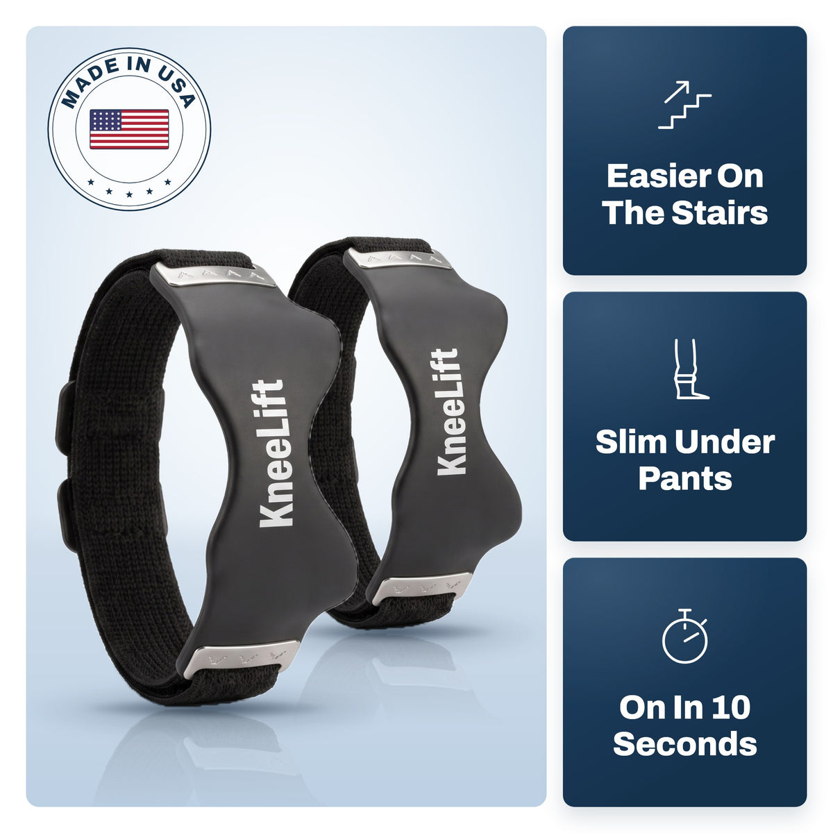 KneeLift Strap pair, Made In USA, easier on the stairs, slim under pants, on in 10 seconds