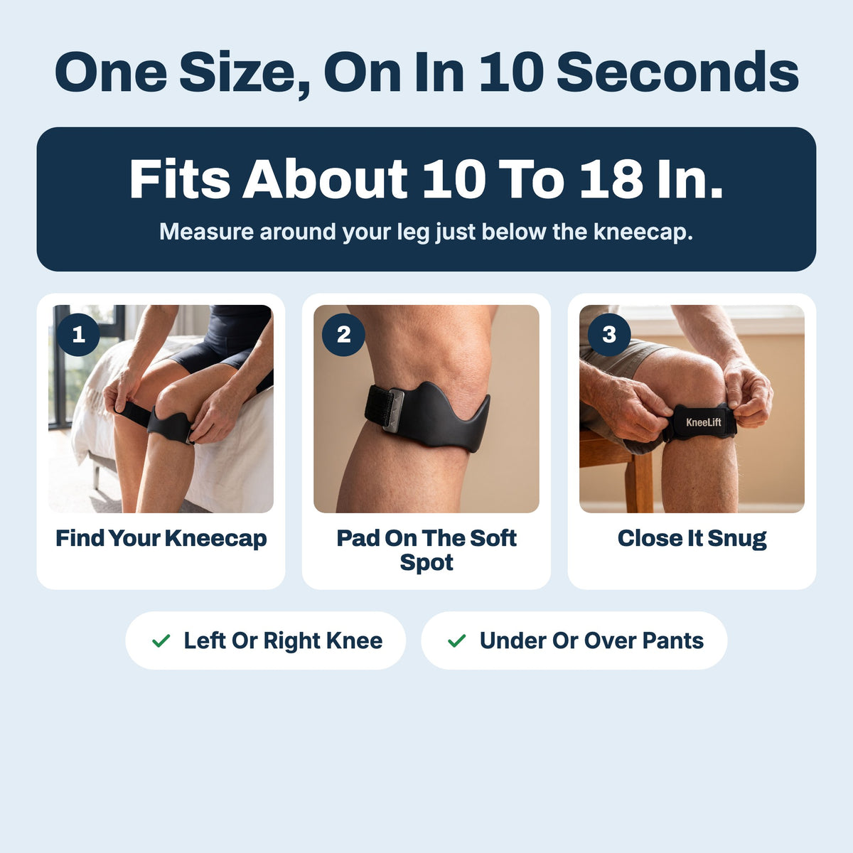 One size fits about 10 to 18 inches, on in 10 seconds in three steps