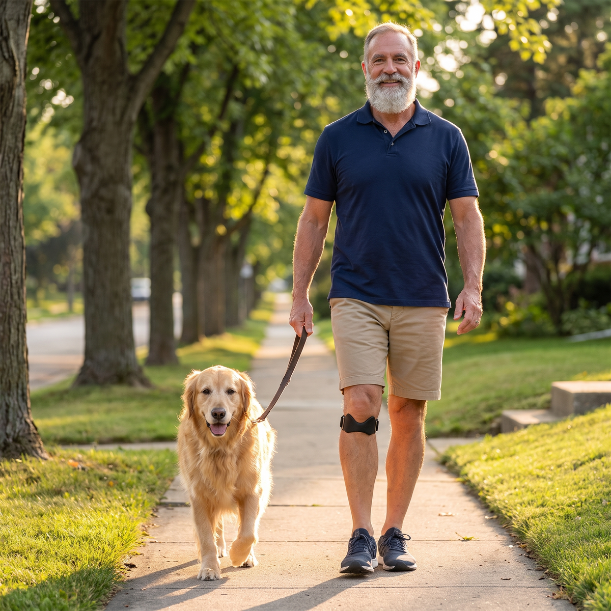 Man walking his dog wearing the knee strap